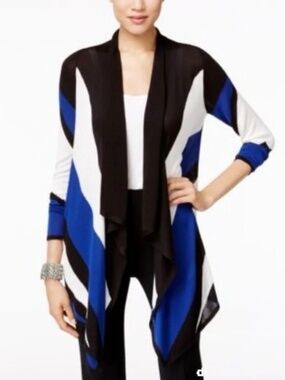 EUC INC White, Black, and Royal Blue Open Cardigan